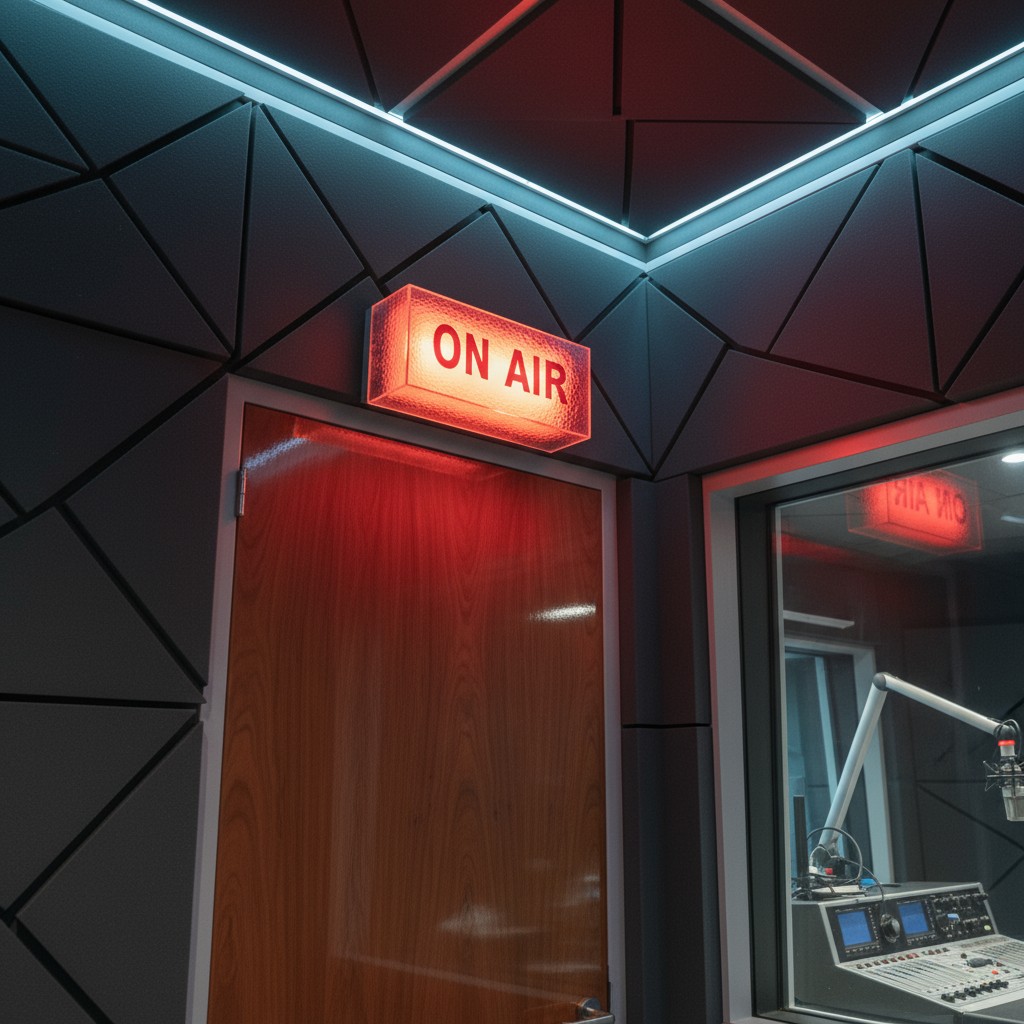 an illuminated sign saying "on air" above a door to a radio recording studio